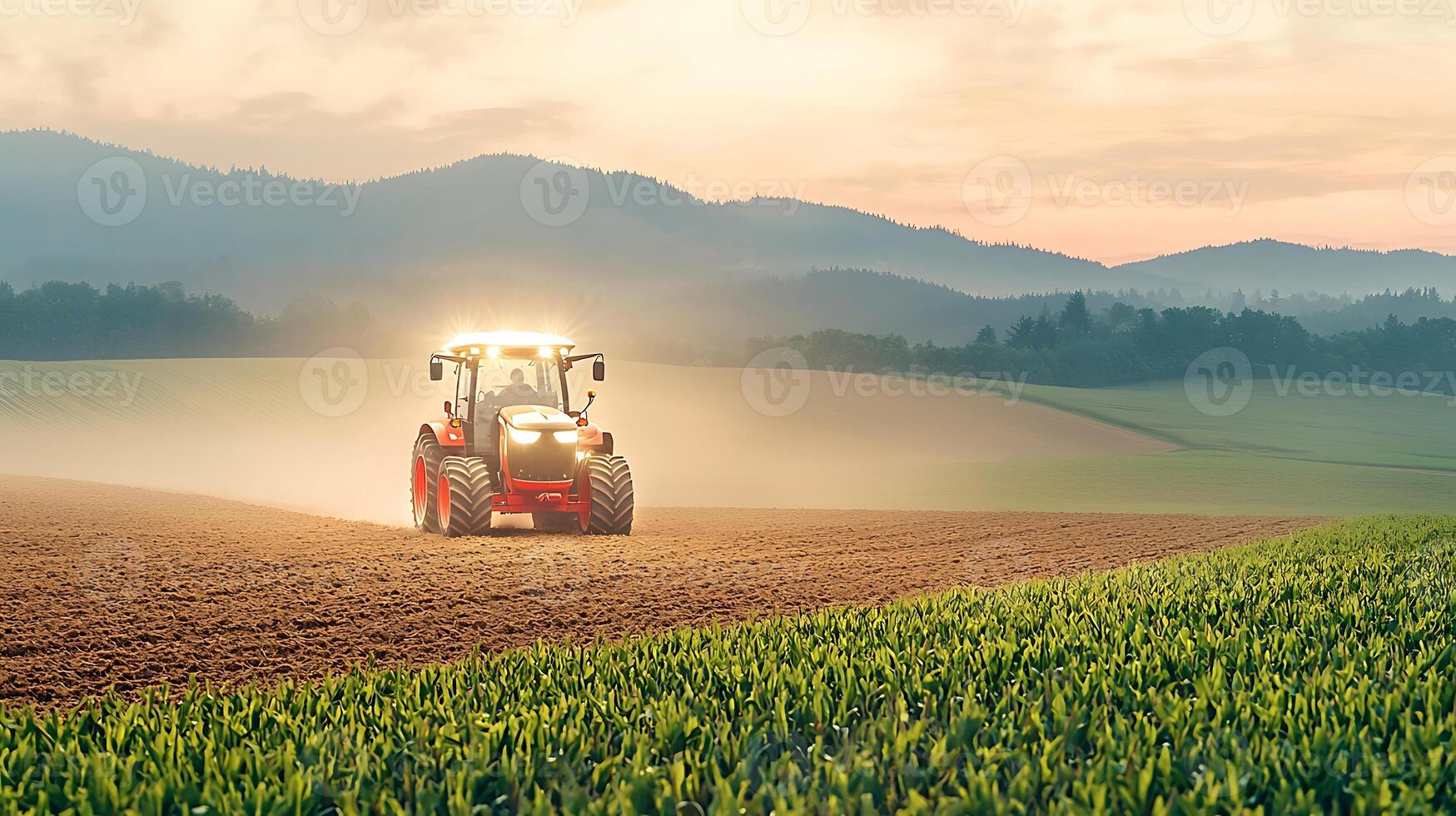 tractor-plowing-a-field-at-sunset-with-mountains-in-the-background-and-dust-rising-photo